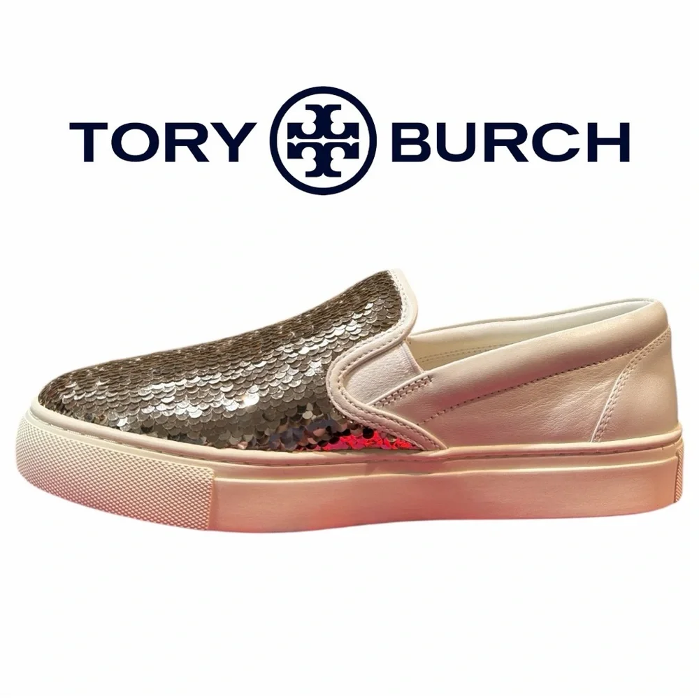 Tory‎ Burch Gold Sequin Women’s Slip-On  Reversible Sequin Sneakers - Size 8